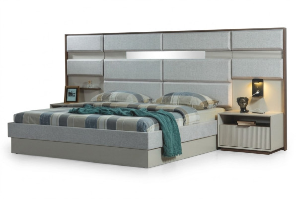 White bedroom furniture designer double bed luxury 2x wooden nightstands