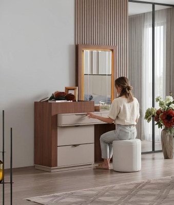Beige-Brown Bedroom Dresser Designer Vanity Table with Mirror 2-Piece Set