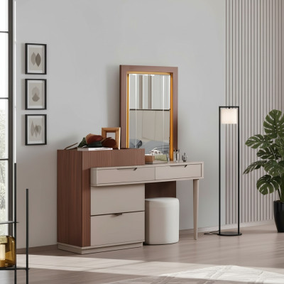 Beige-Brown Bedroom Dresser Designer Vanity Table with Mirror 2-Piece Set