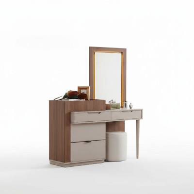Beige-Brown Bedroom Dresser Designer Vanity Table with Mirror 2-Piece Set