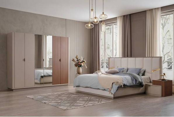 Large beige bedroom set double bed 2x nightstands wardrobe