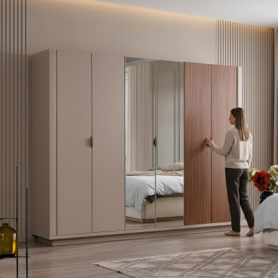 Beige wardrobe bedroom cabinets glass doors 6-door wardrobe