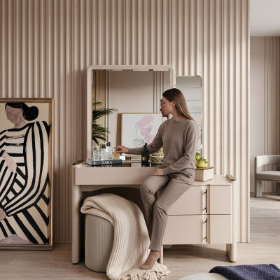 Beige Designer Vanity Table Bedroom Mirror Exclusive 2-piece Set