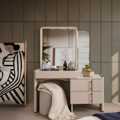 Beige Designer Vanity Table Bedroom Mirror Exclusive 2-piece Set