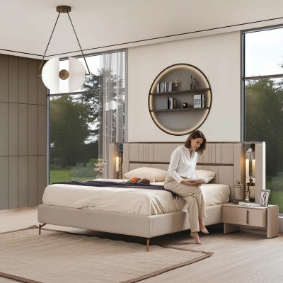Luxurious bedroom beige double bed 2x nightstands modern furniture