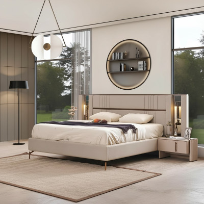 Luxurious bedroom beige double bed 2x nightstands modern furniture