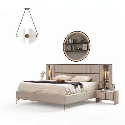 Luxurious bedroom beige double bed 2x nightstands modern furniture