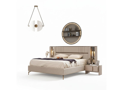 Luxurious bedroom beige double bed 2x nightstands modern furniture