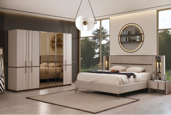 Modern beige double bed, 2 bedside tables, wardrobe, wooden furniture