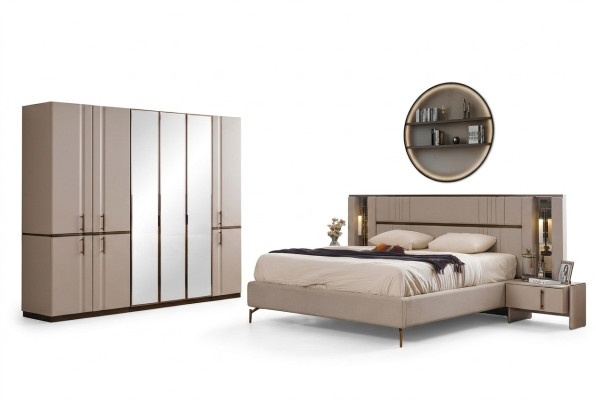 Modern beige double bed, 2 bedside tables, wardrobe, wooden furniture