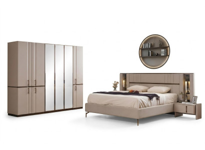 Modern beige double bed, 2 bedside tables, wardrobe, wooden furniture