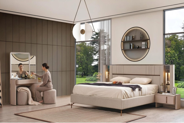 Modern bedroom furniture beige double bed 2x nightstands dressing table