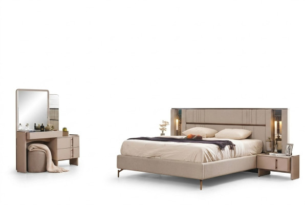 Modern bedroom furniture beige double bed 2x nightstands dressing table