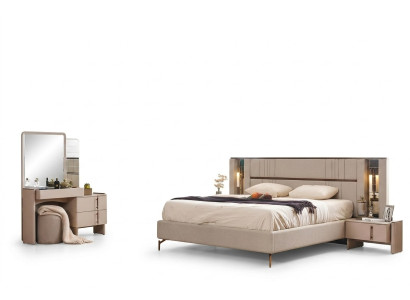 Modern bedroom furniture beige double bed 2x nightstands dressing table