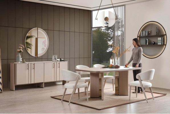 Complete beige dining set dining table chairs sideboard mirror