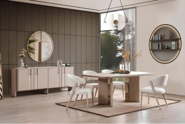 Complete beige dining set dining table chairs sideboard mirror