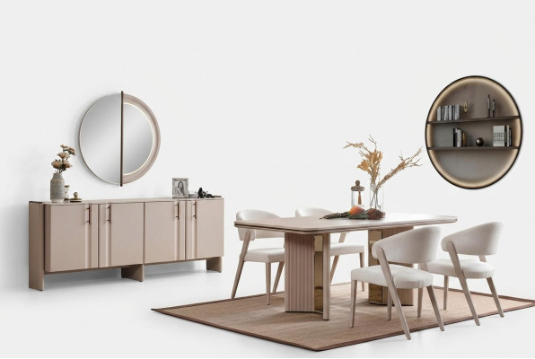 Complete beige dining set dining table chairs sideboard mirror