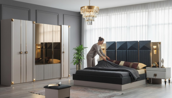 Luxurious bedroom furniture upholstered double bed wood nightstands wardrobe