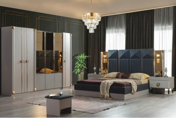 Luxurious bedroom furniture upholstered double bed wood nightstands wardrobe