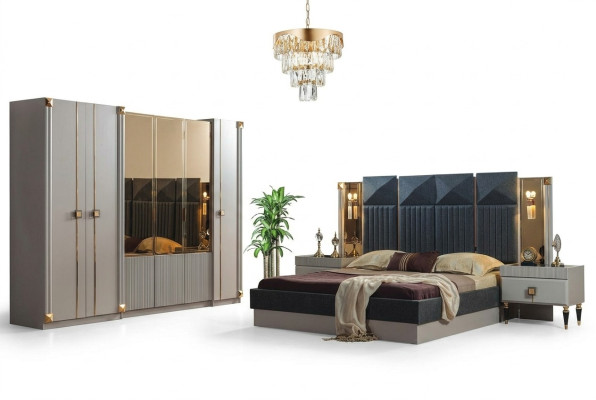 Luxurious bedroom furniture upholstered double bed wood nightstands wardrobe