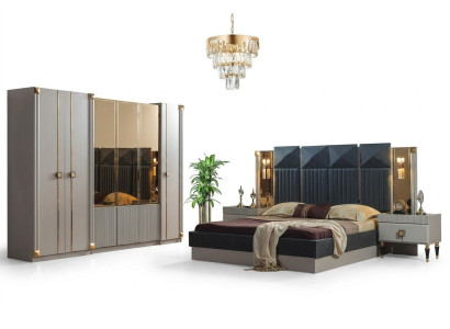 Luxurious bedroom furniture upholstered double bed wood nightstands wardrobe