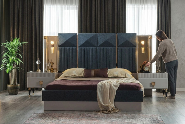 Modern bedroom furniture designer gray bed 2x wooden nightstands 3-piece set