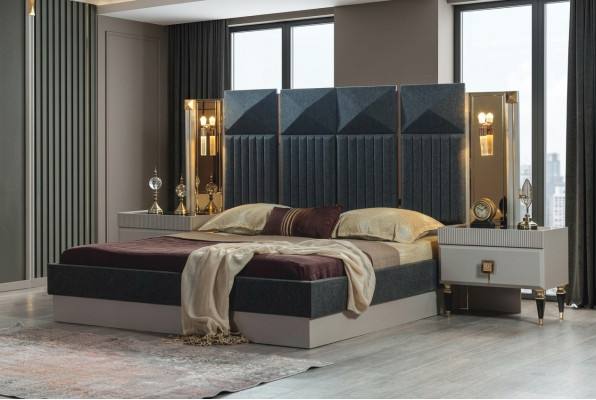 Modern bedroom furniture designer gray bed 2x wooden nightstands 3-piece set