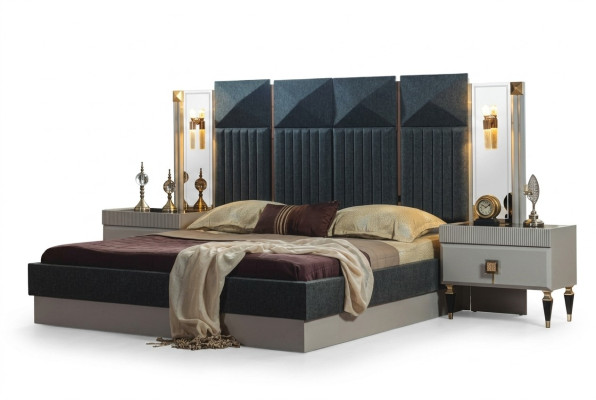 Modern bedroom furniture designer gray bed 2x wooden nightstands 3-piece set