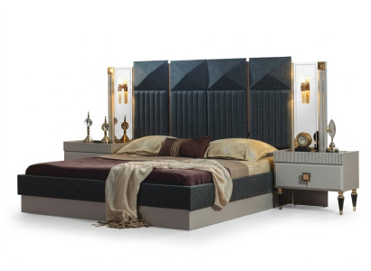 Modern bedroom furniture designer gray bed 2x wooden nightstands 3-piece set