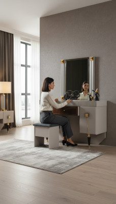 Modern bedroom wooden furniture dressing table stool mirror set