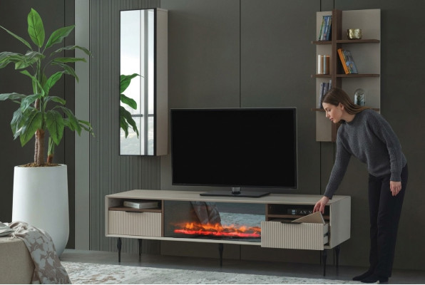 Beige living room unit designer TV cabinet wall shelf luxury wood shelf 3-piece set