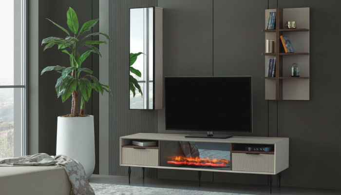 Beige living room unit designer TV cabinet wall shelf luxury wood shelf 3-piece set
