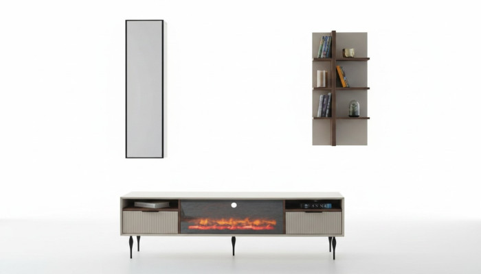Beige living room unit designer TV cabinet wall shelf luxury wood shelf 3-piece set