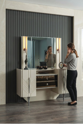Bedroom Set Luxury White Vanity Table Mirror Designer 2-Piece Set
