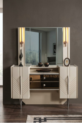 Bedroom Set Luxury White Vanity Table Mirror Designer 2-Piece Set