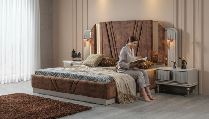 Beige beds luxury 2x nightstands bedroom designer furniture 2-piece set