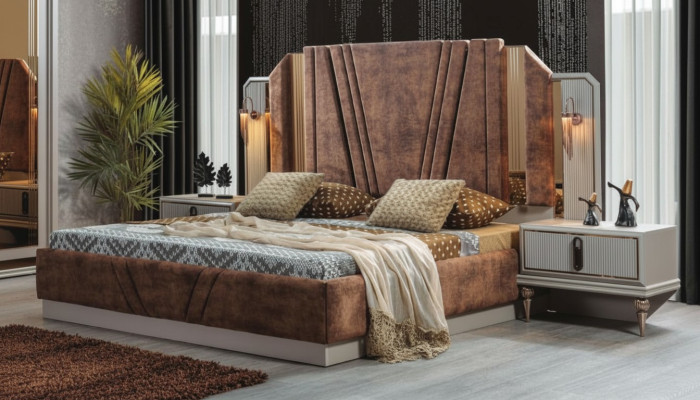Beige beds luxury 2x nightstands bedroom designer furniture 2-piece set