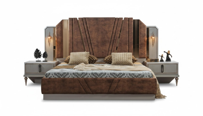 Beige beds luxury 2x nightstands bedroom designer furniture 2-piece set