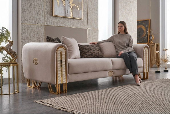 Luxury Sofa Couch Gold Metal Three-Seater Couches Upholstery Three-Seater Fabric