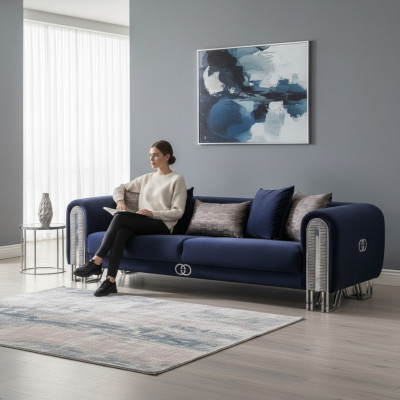 Luxury sofa upholstery furniture living room couches blue 240cm three-seater