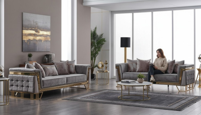 Luxury Sofa Set Designer Suite Three-Seater Textile Furniture Living Group Modern
