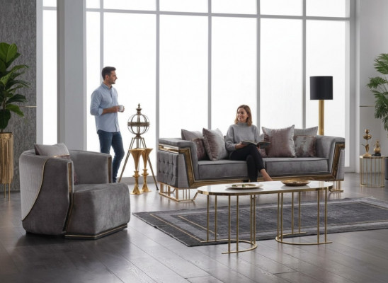 Gray sofa set 3+1 seater with stainless steel couch sofa upholstery set 2-piece