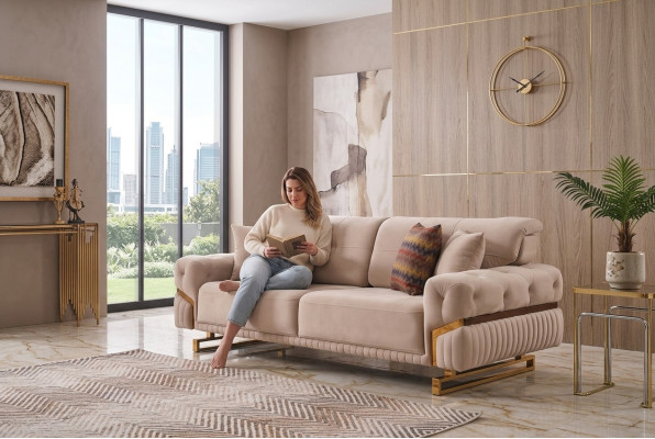Beige three-seater stainless steel furniture living room couch luxury textile sofa