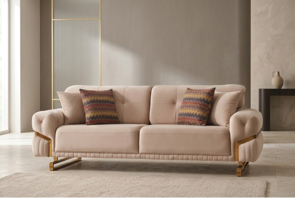 Beige three-seater stainless steel furniture living room couch luxury textile sofa