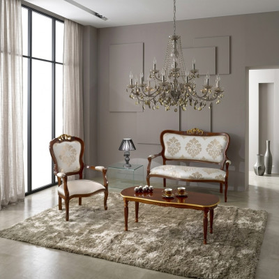 Classic seating set, two-seater, armchair, coffee table, designer wooden furniture.