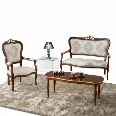 Classic seating set, two-seater, armchair, coffee table, designer wooden furniture.