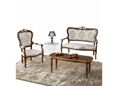 Classic seating set, two-seater, armchair, coffee table, designer wooden furniture.