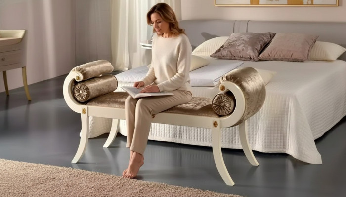 Classic beige upholstered bench seating furniture designer wooden furniture