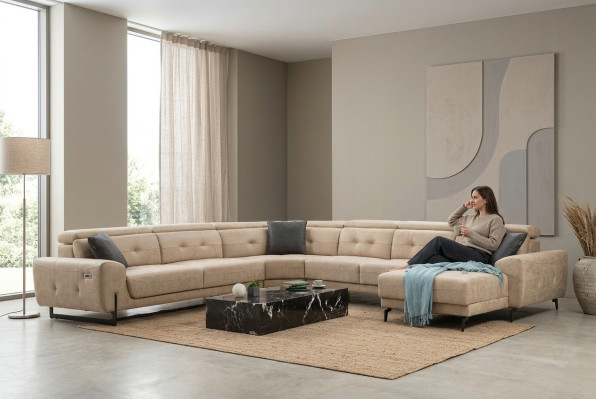 Sectional U-shaped seating furniture, designer seating furniture, modern sofa couch upholstery.