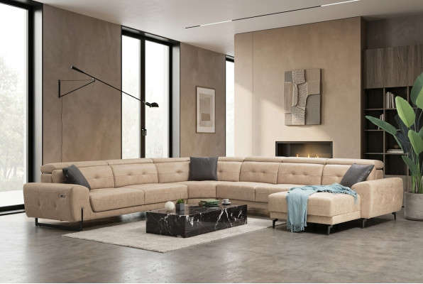 Sectional U-shaped seating furniture, designer seating furniture, modern sofa couch upholstery.